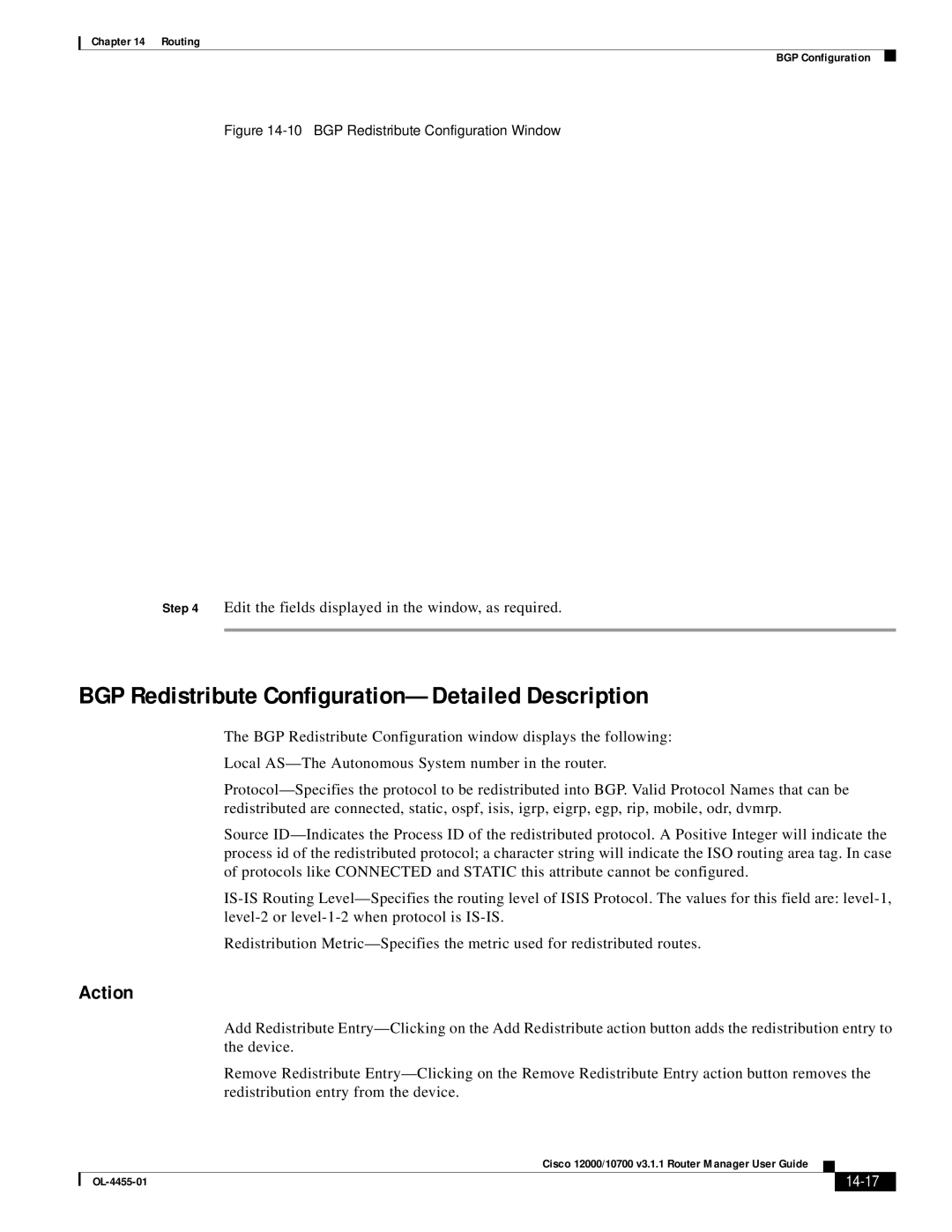 Cisco Systems 12000/10700 V3.1.1 manual BGP Redistribute Configuration-Detailed Description, 14-17 