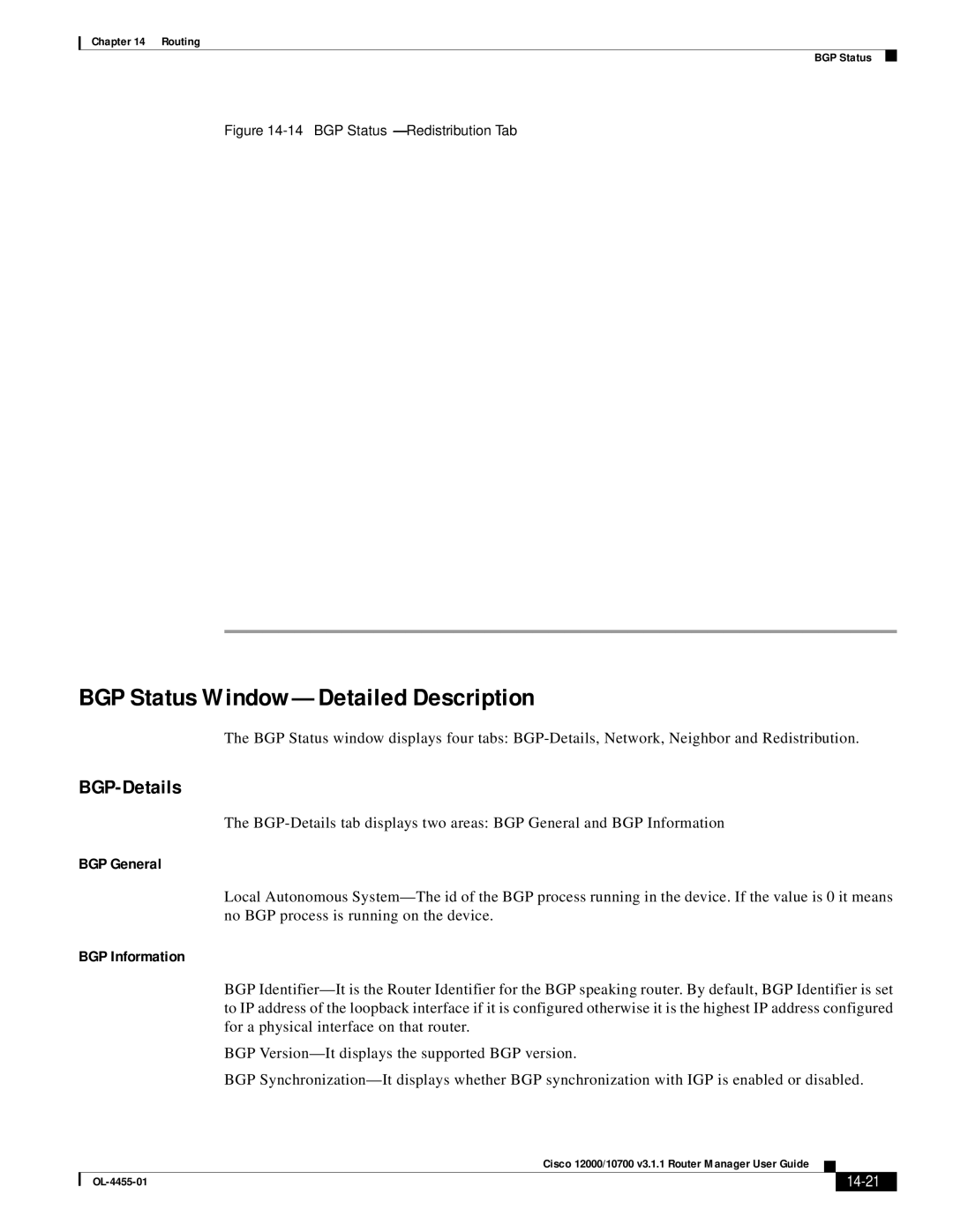 Cisco Systems 12000/10700 V3.1.1 BGP Status Window-Detailed Description, BGP-Details, BGP General, BGP Information, 14-21 