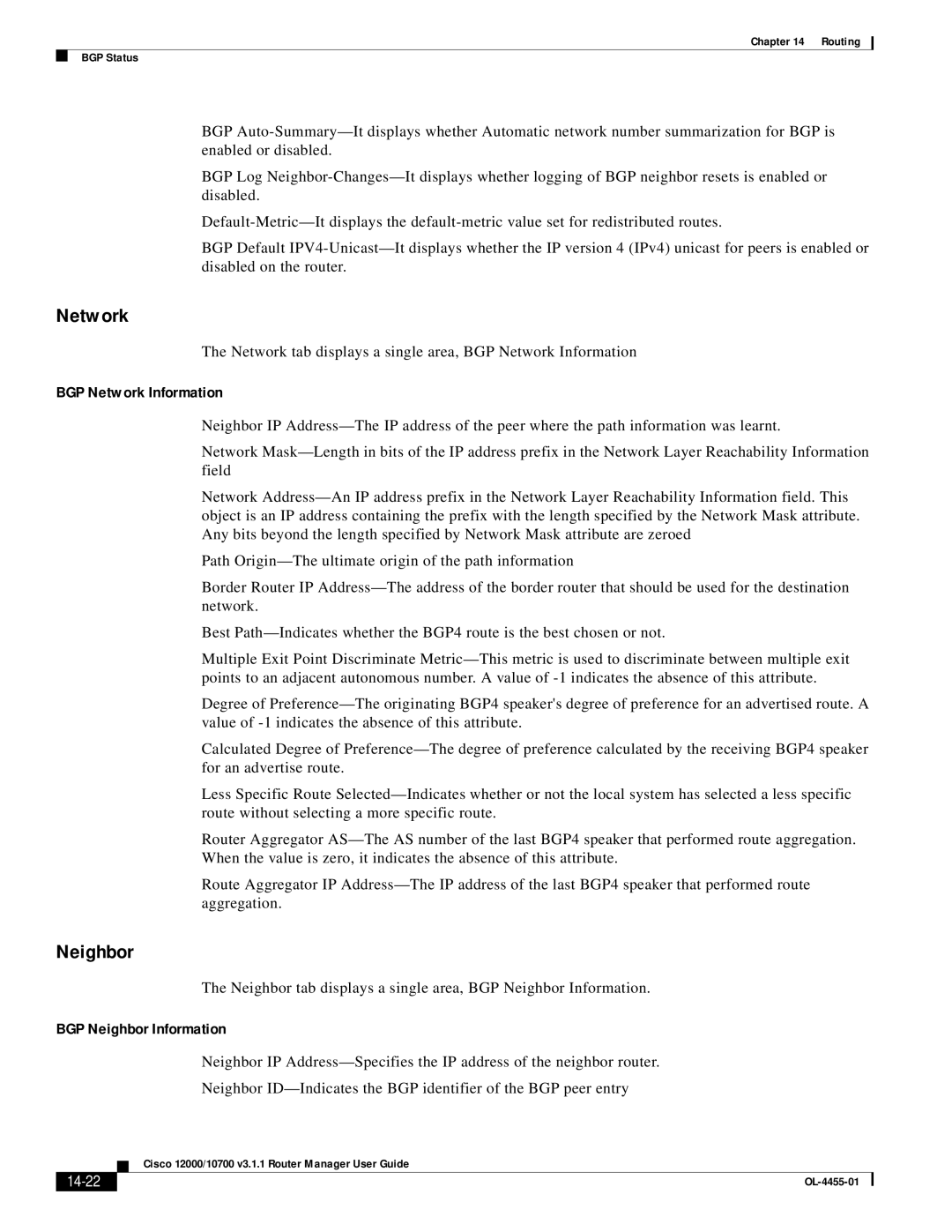 Cisco Systems 12000/10700 V3.1.1 manual BGP Network Information, BGP Neighbor Information, 14-22 