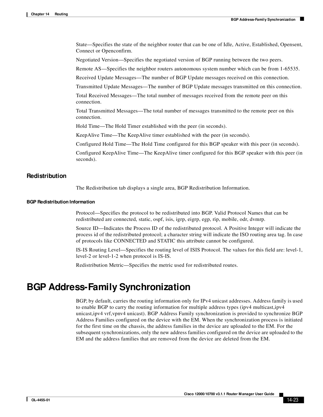 Cisco Systems 12000/10700 V3.1.1 manual BGP Address-Family Synchronization, BGP Redistribution Information, 14-23 