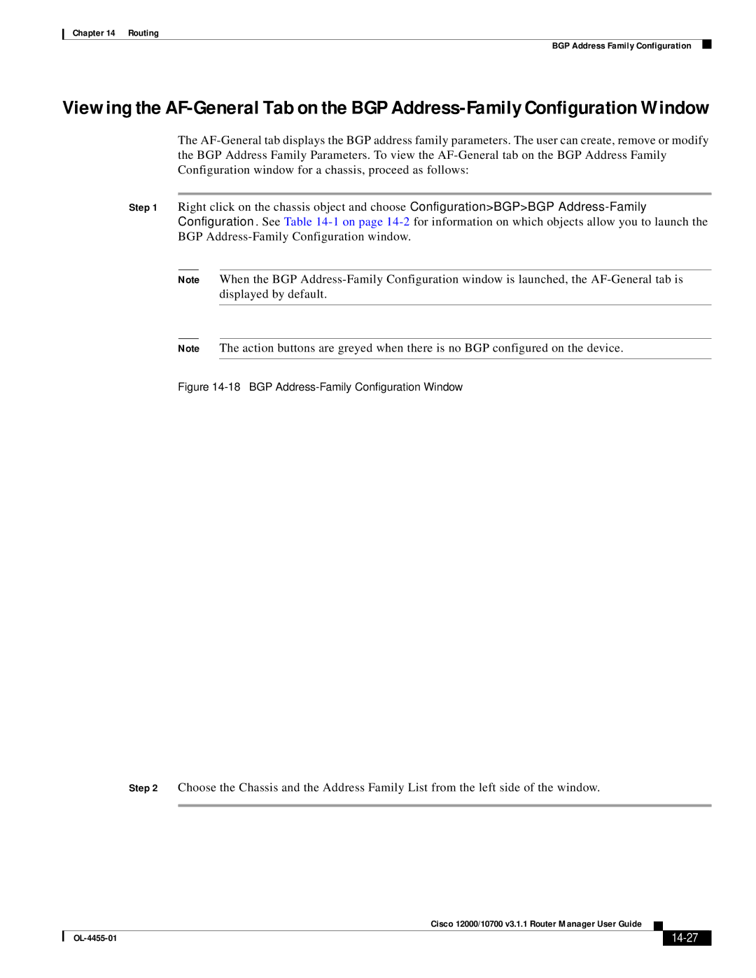 Cisco Systems 12000/10700 V3.1.1 manual 14-27, BGP Address-Family Configuration Window 