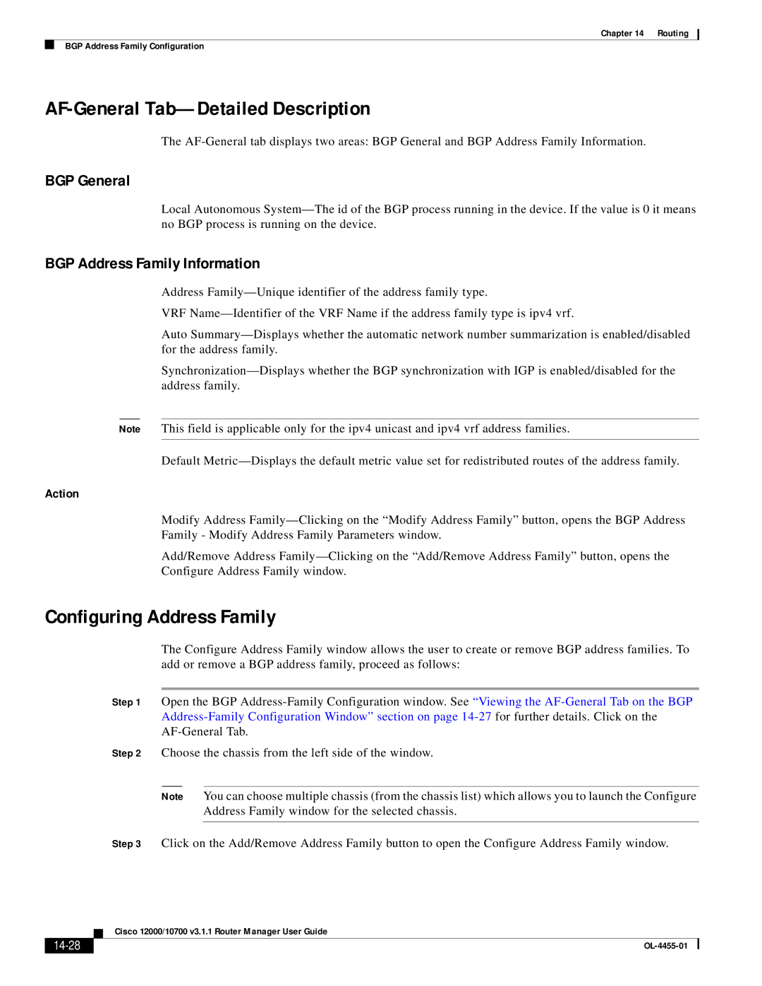 Cisco Systems 12000/10700 V3.1.1 manual AF-General Tab-Detailed Description, Configuring Address Family, 14-28 