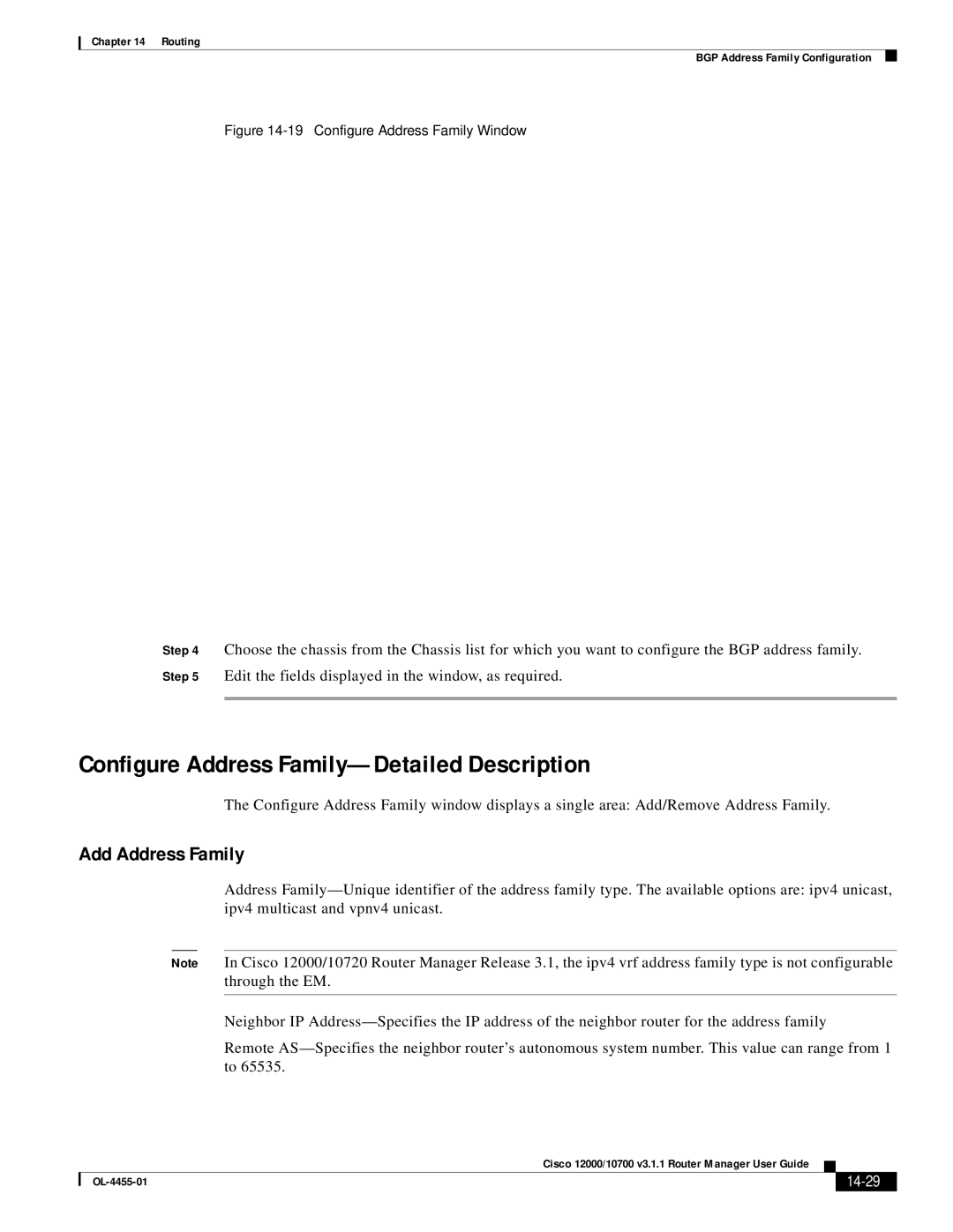 Cisco Systems 12000/10700 V3.1.1 manual Configure Address Family-Detailed Description, Add Address Family, 14-29 