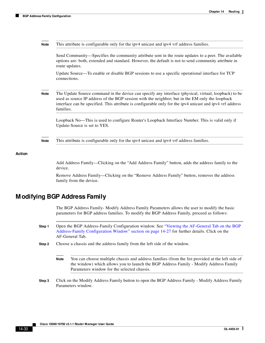 Cisco Systems 12000/10700 V3.1.1 manual Modifying BGP Address Family, 14-30 