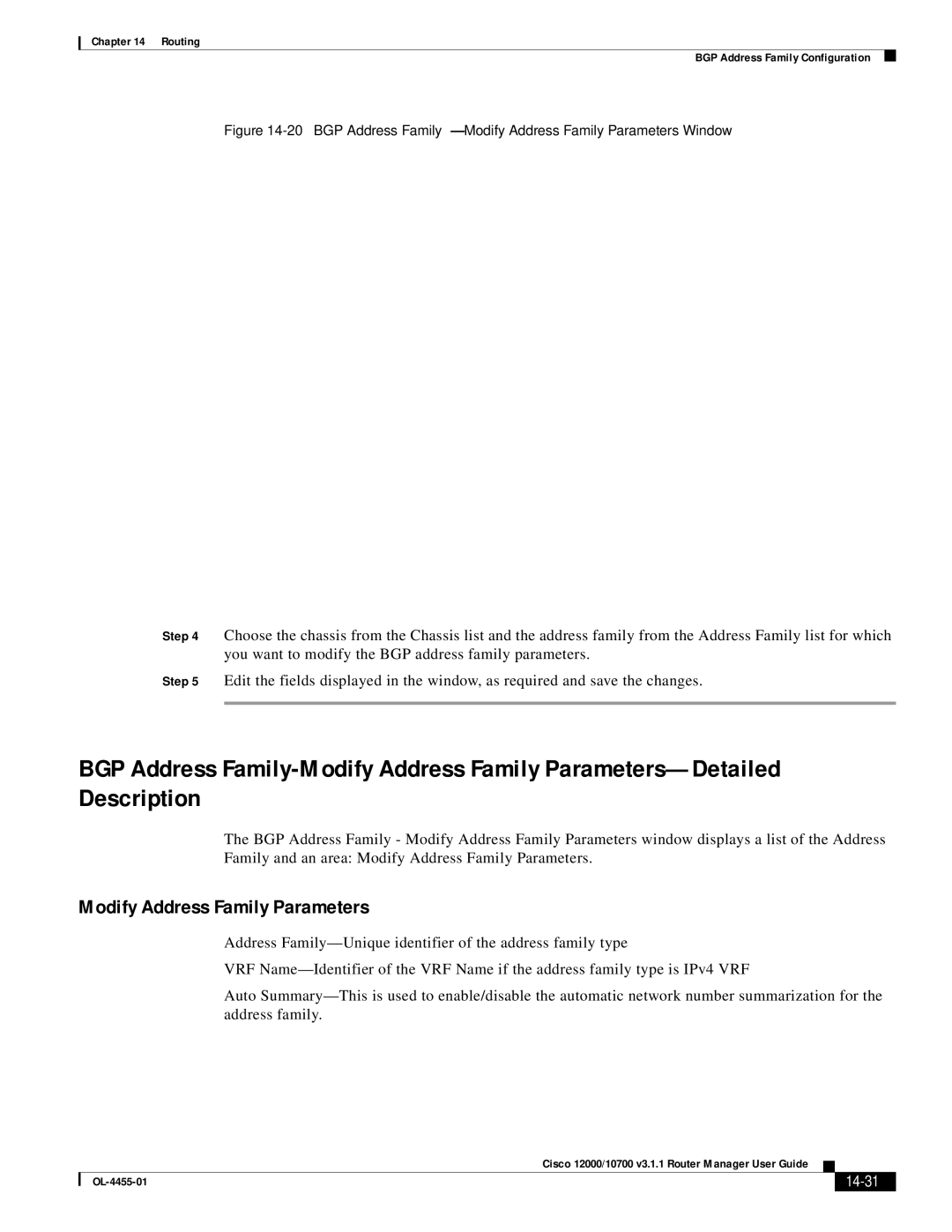 Cisco Systems 12000/10700 V3.1.1 manual Modify Address Family Parameters, 14-31 