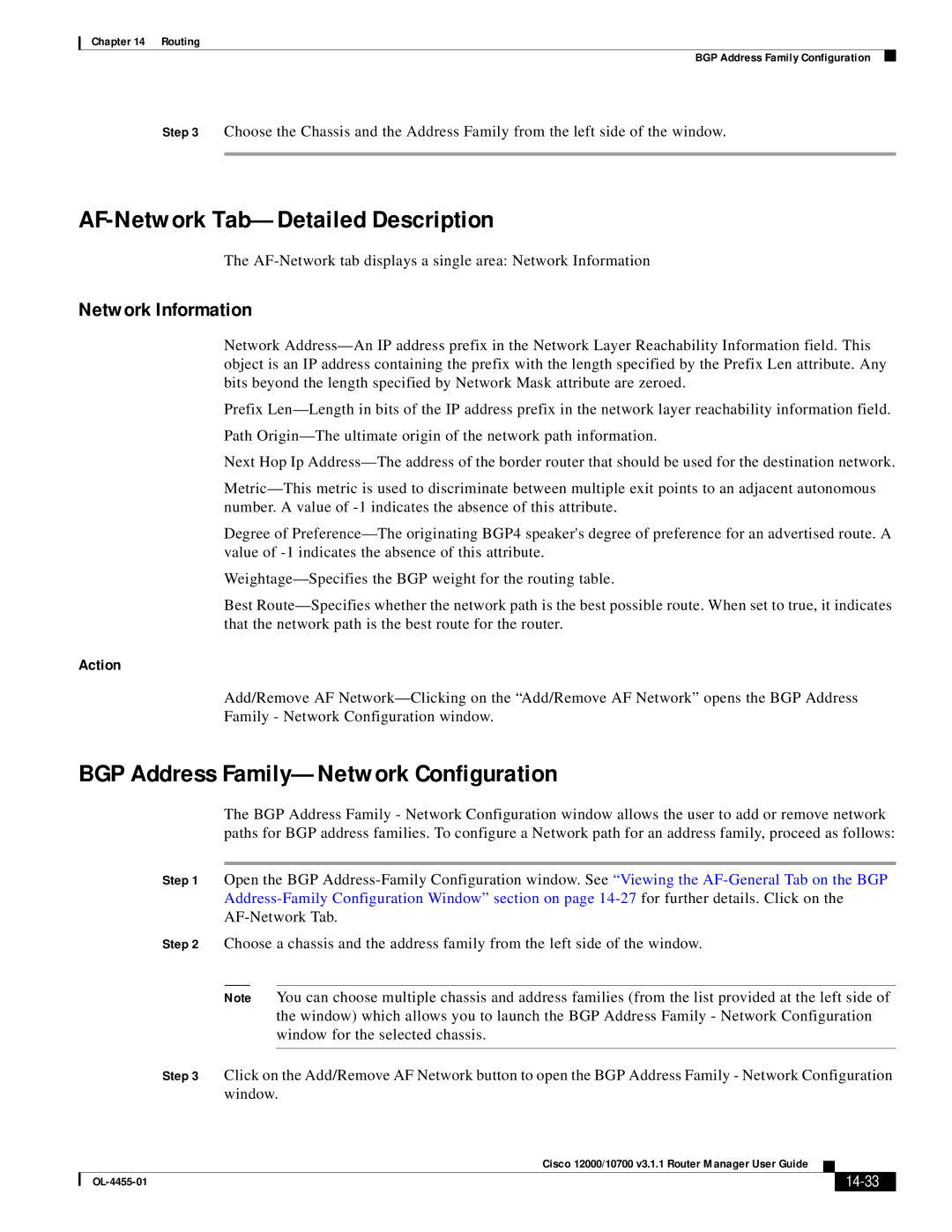 Cisco Systems 12000/10700 V3.1.1 AF-Network Tab-Detailed Description, BGP Address Family-Network Configuration, 14-33 