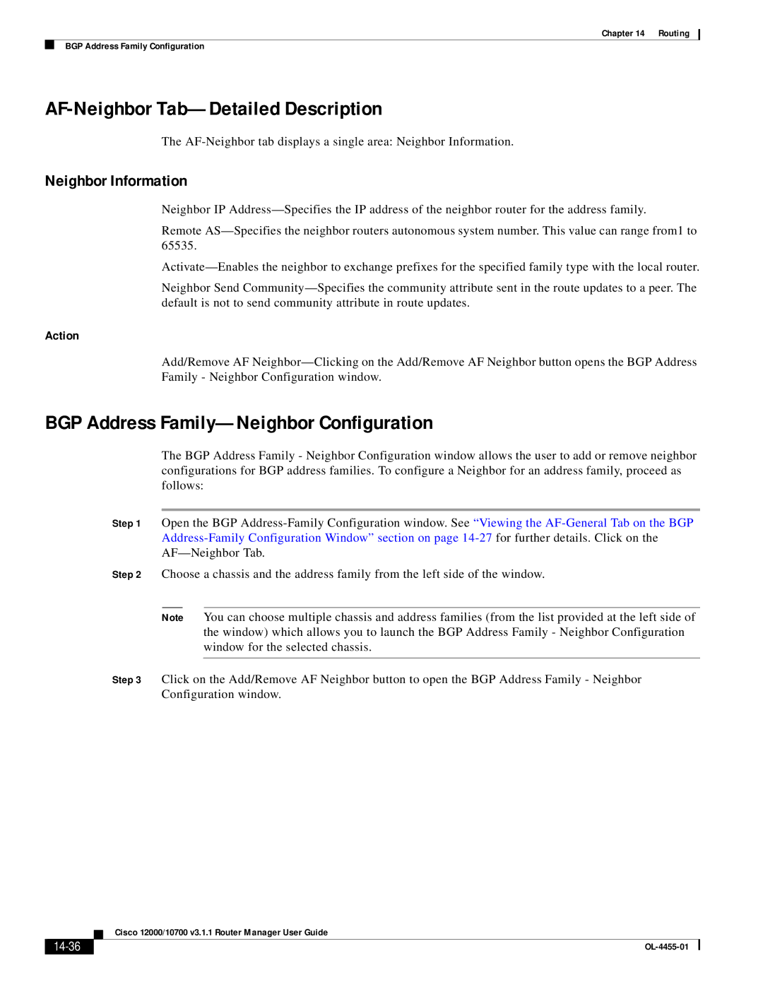 Cisco Systems 12000/10700 V3.1.1 AF-Neighbor Tab-Detailed Description, BGP Address Family-Neighbor Configuration, 14-36 