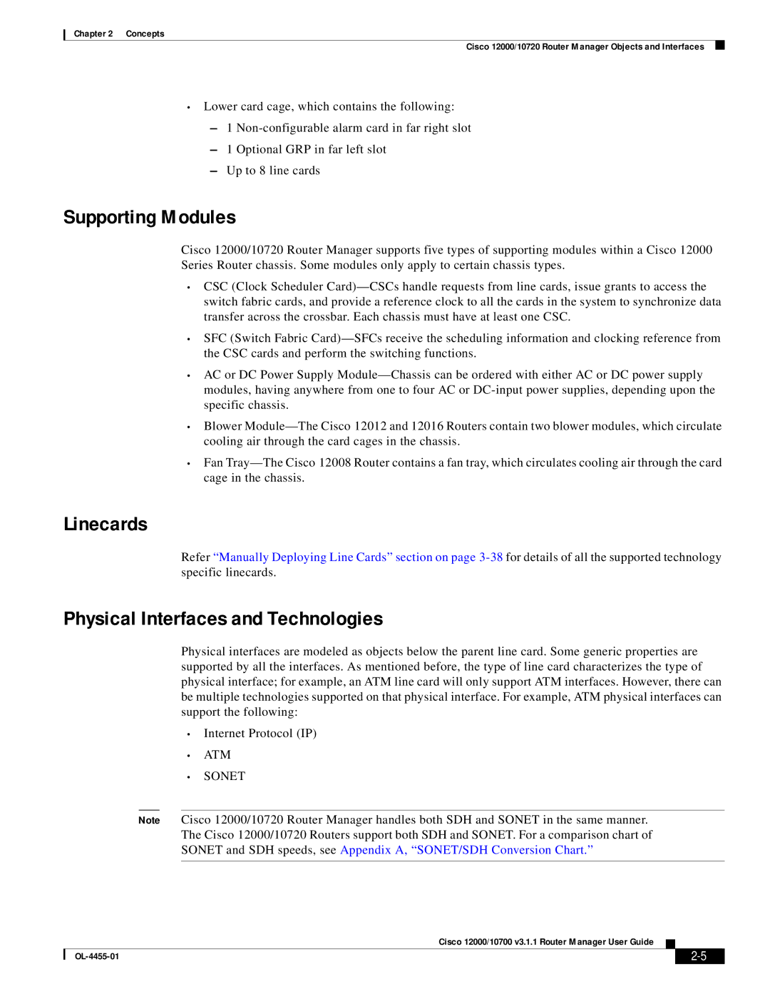 Cisco Systems 12000/10700 V3.1.1 manual Supporting Modules, Linecards, Physical Interfaces and Technologies 