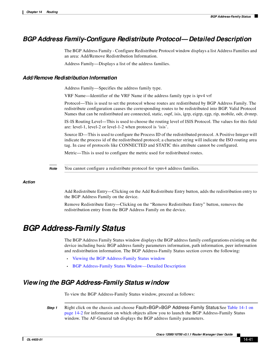 Cisco Systems 12000/10700 V3.1.1 Viewing the BGP Address-Family Status window, Add/Remove Redistribution Information 