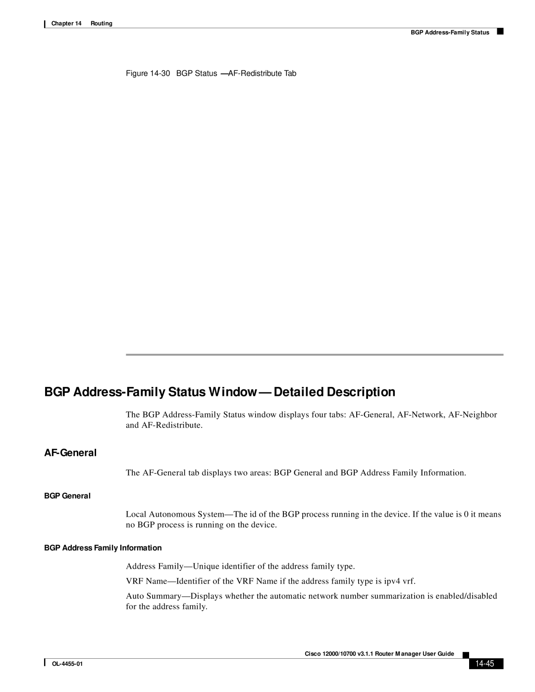 Cisco Systems 12000/10700 V3.1.1 manual BGP Address-Family Status Window-Detailed Description, AF-General, 14-45 