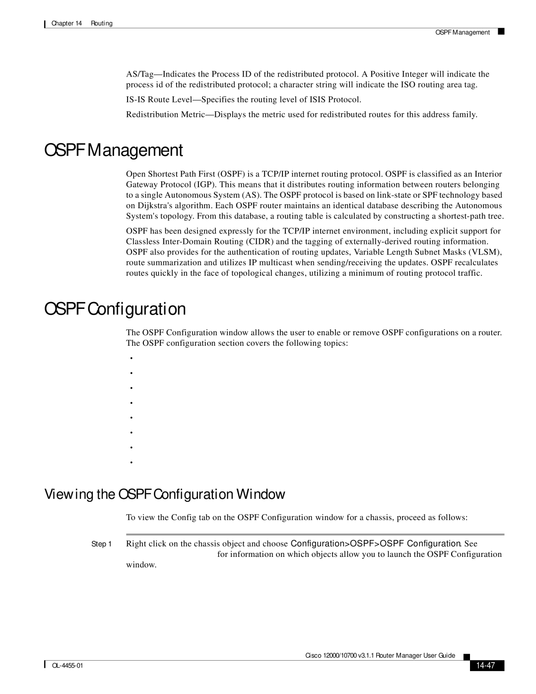 Cisco Systems 12000/10700 V3.1.1 manual Ospf Management, Viewing the Ospf Configuration Window, 14-47 