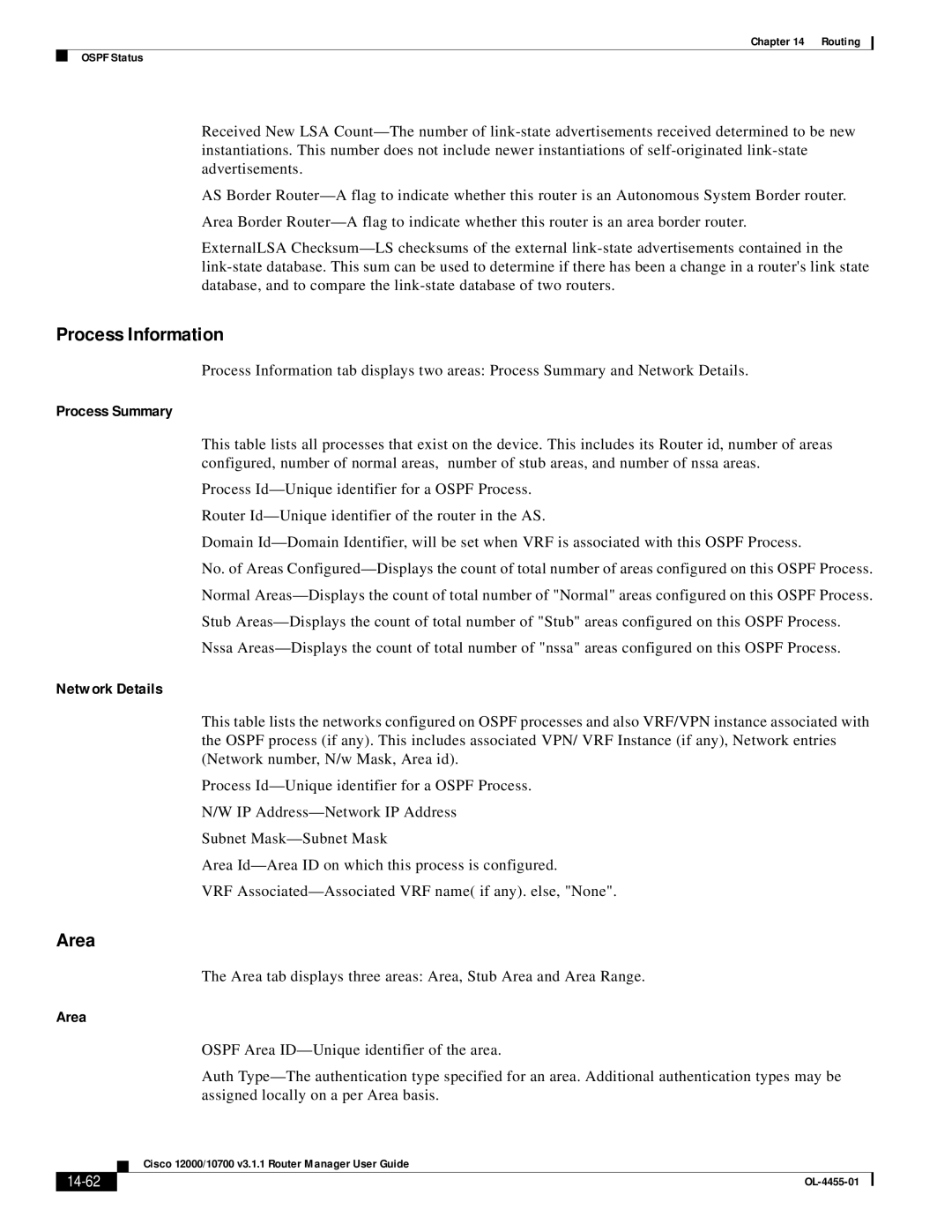 Cisco Systems 12000/10700 V3.1.1 manual Process Information, Area, Process Summary, Network Details 