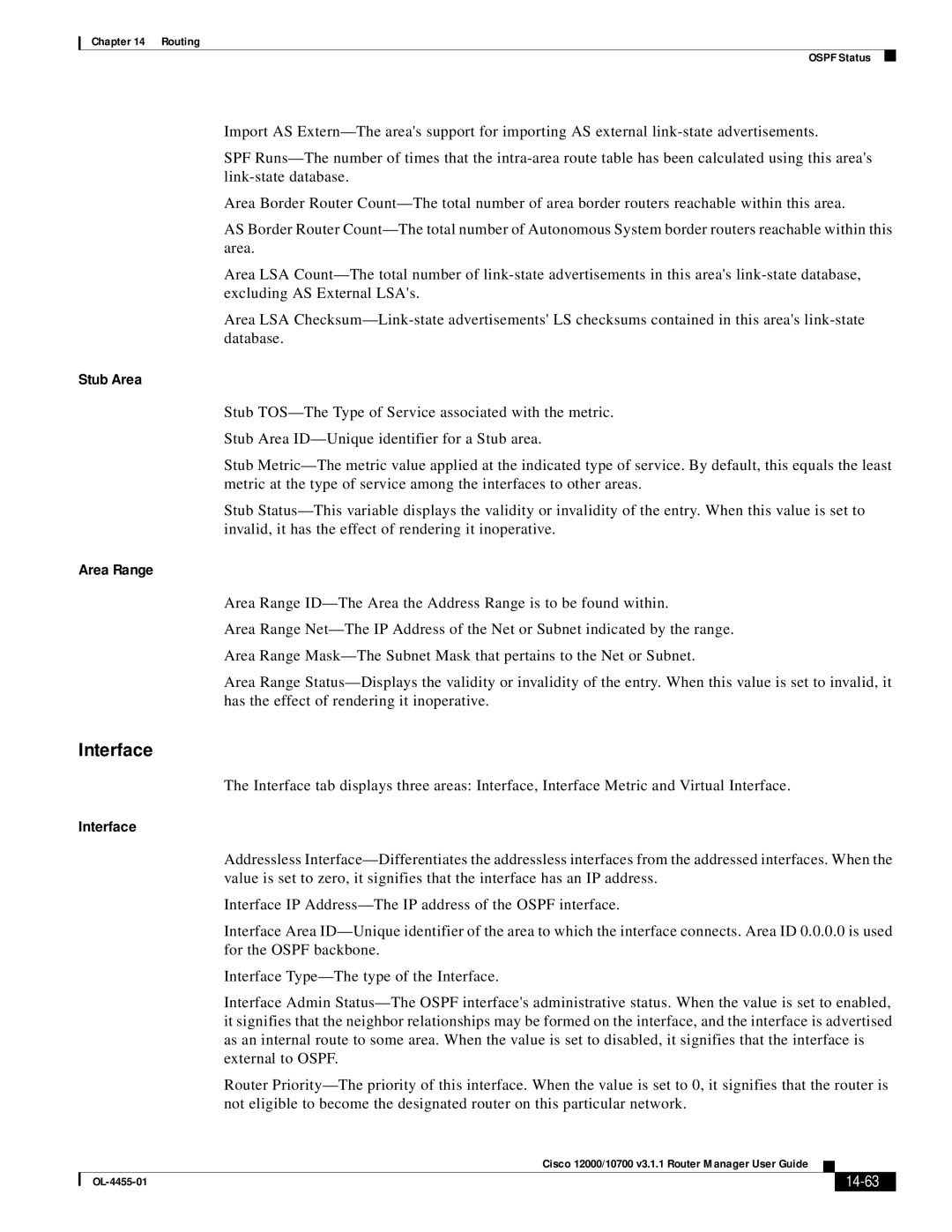 Cisco Systems 12000/10700 V3.1.1 manual Interface, Stub Area, Area Range, 14-63 