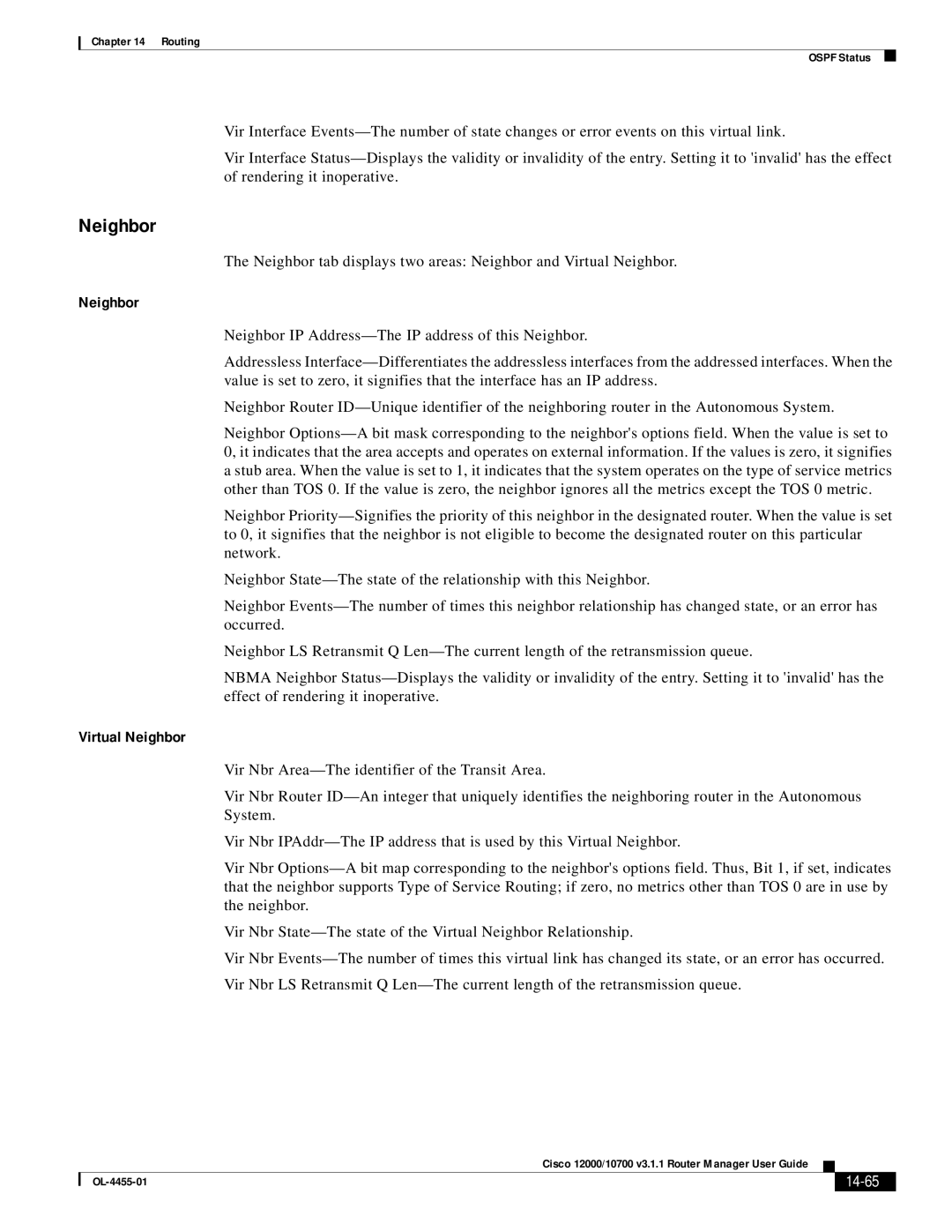 Cisco Systems 12000/10700 V3.1.1 manual Virtual Neighbor, 14-65 