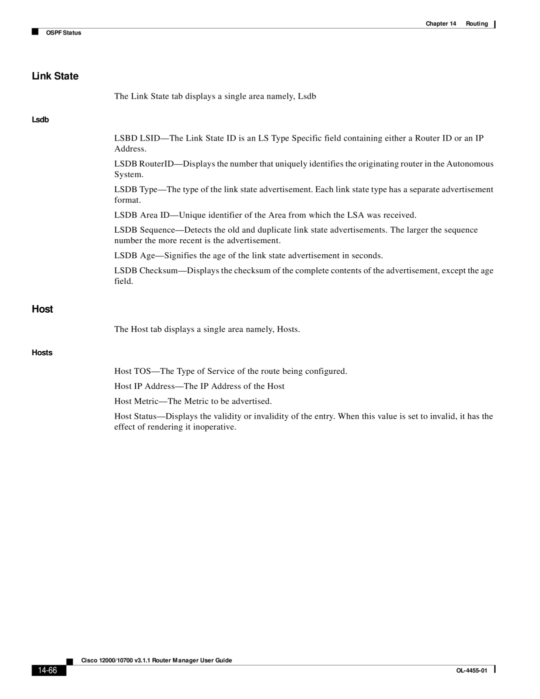 Cisco Systems 12000/10700 V3.1.1 manual Link State, Lsdb, Hosts, 14-66 