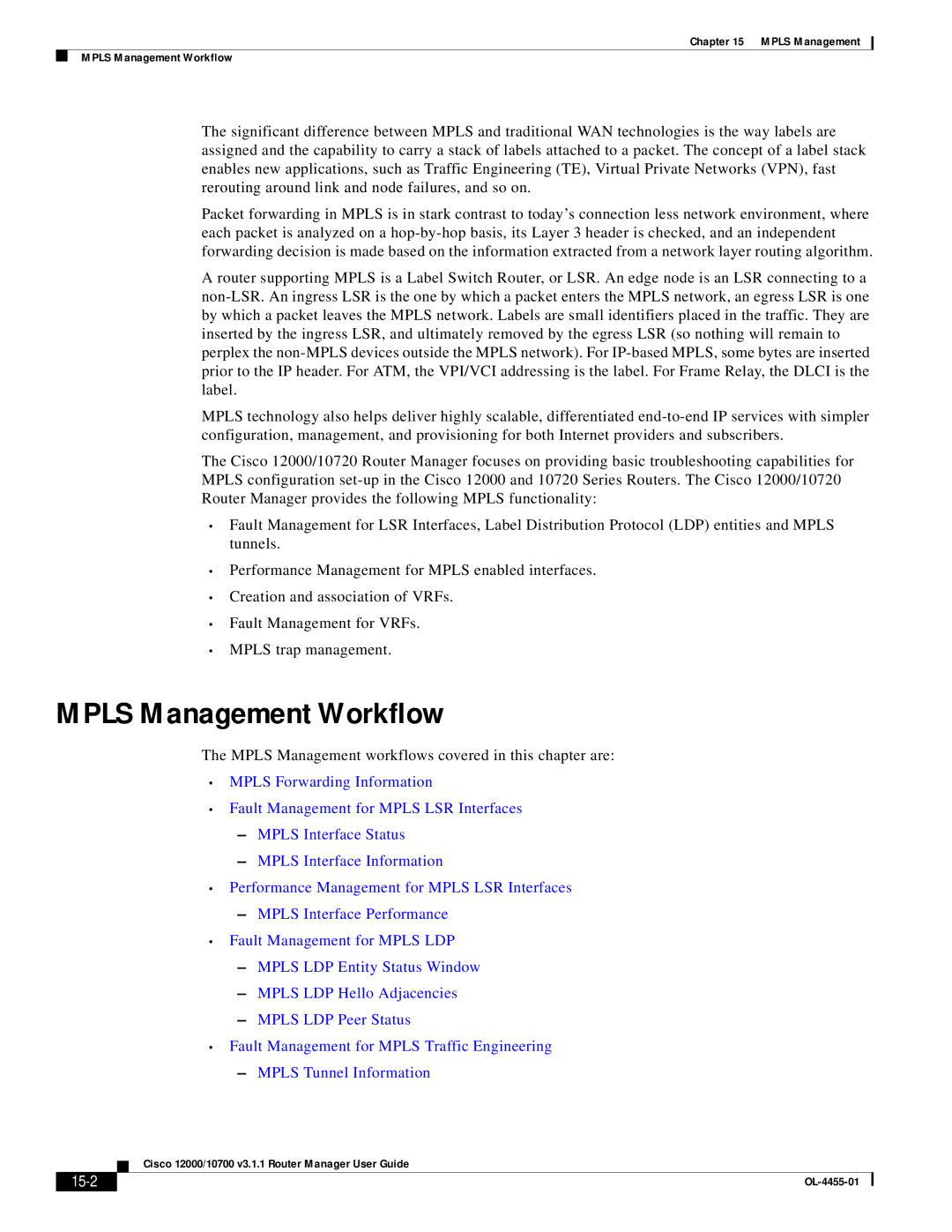 Cisco Systems 12000/10700 V3.1.1 manual Mpls Management Workflow, 15-2 