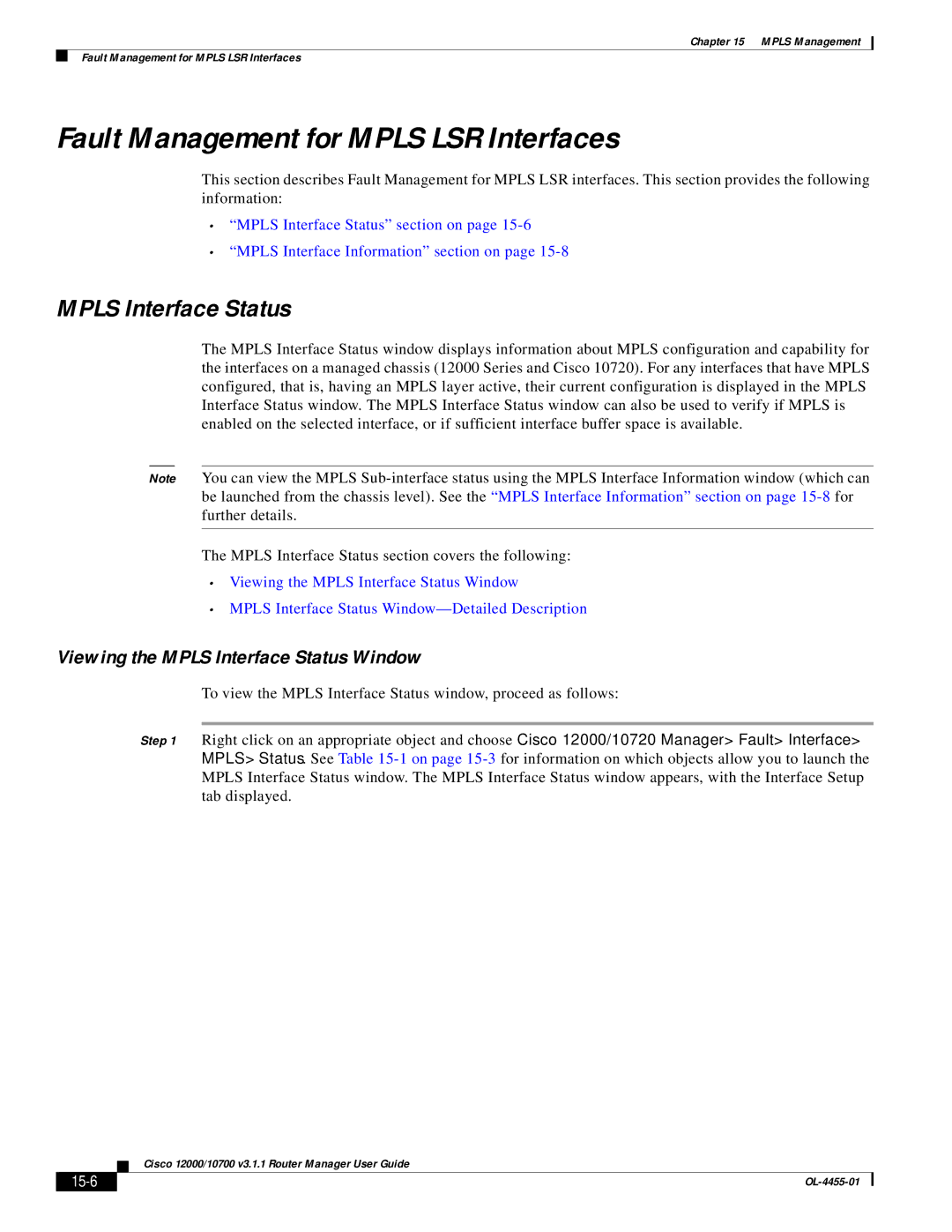 Cisco Systems 12000/10700 V3.1.1 manual Fault Management for Mpls LSR Interfaces, Mpls Interface Status, 15-6 