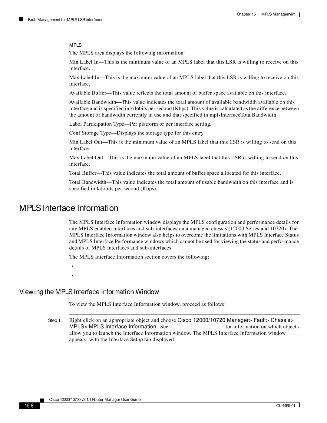 Cisco Systems 12000/10700 V3.1.1 manual Viewing the Mpls Interface Information Window, 15-8 