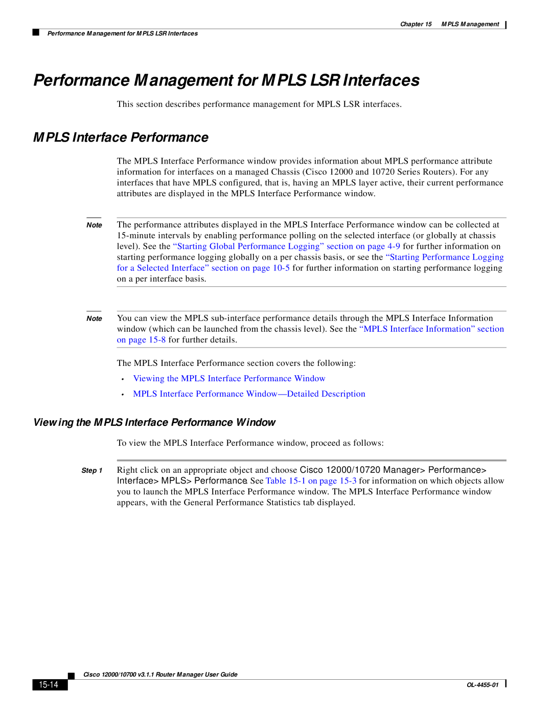 Cisco Systems 12000/10700 V3.1.1 manual Performance Management for Mpls LSR Interfaces, Mpls Interface Performance, 15-14 