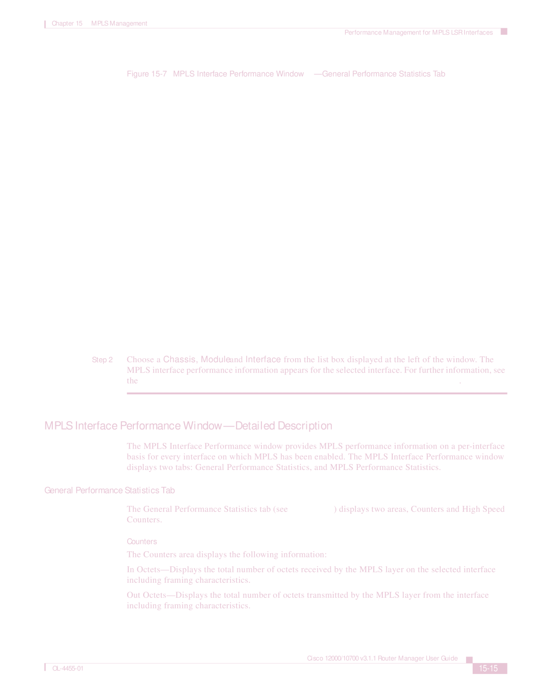 Cisco Systems 12000/10700 V3.1.1 manual Mpls Interface Performance Window-Detailed Description, Counters, 15-15 