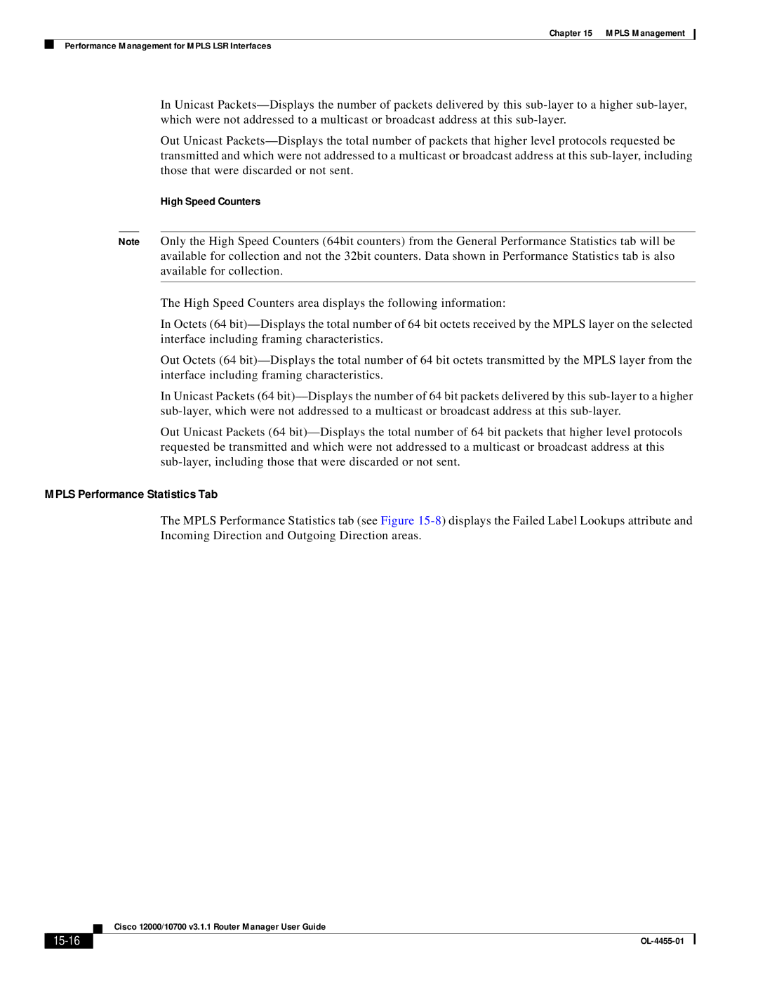 Cisco Systems 12000/10700 V3.1.1 manual Mpls Performance Statistics Tab, High Speed Counters, 15-16 