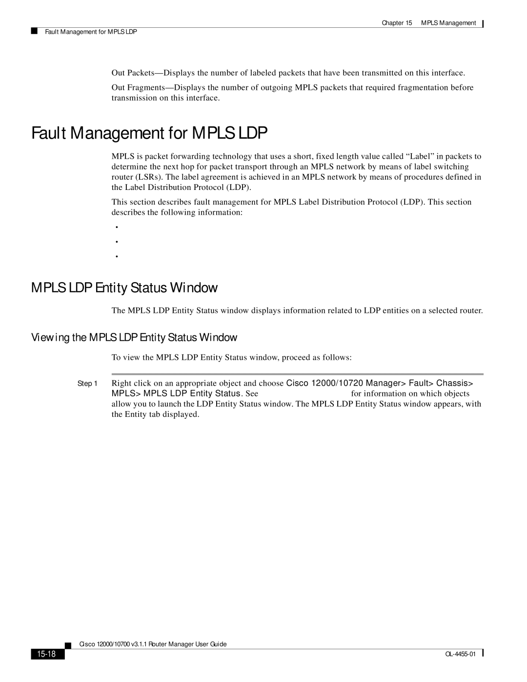 Cisco Systems 12000/10700 V3.1.1 manual Fault Management for Mpls LDP, Mpls LDP Entity Status Window, 15-18 