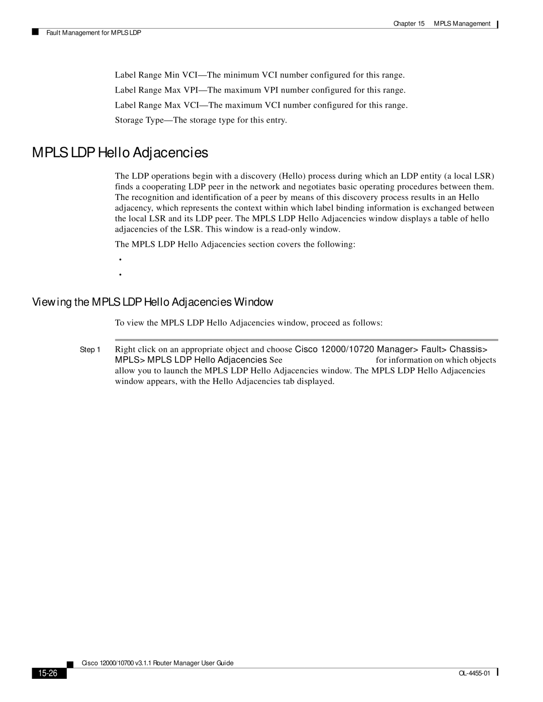 Cisco Systems 12000/10700 V3.1.1 manual Viewing the Mpls LDP Hello Adjacencies Window, 15-26 