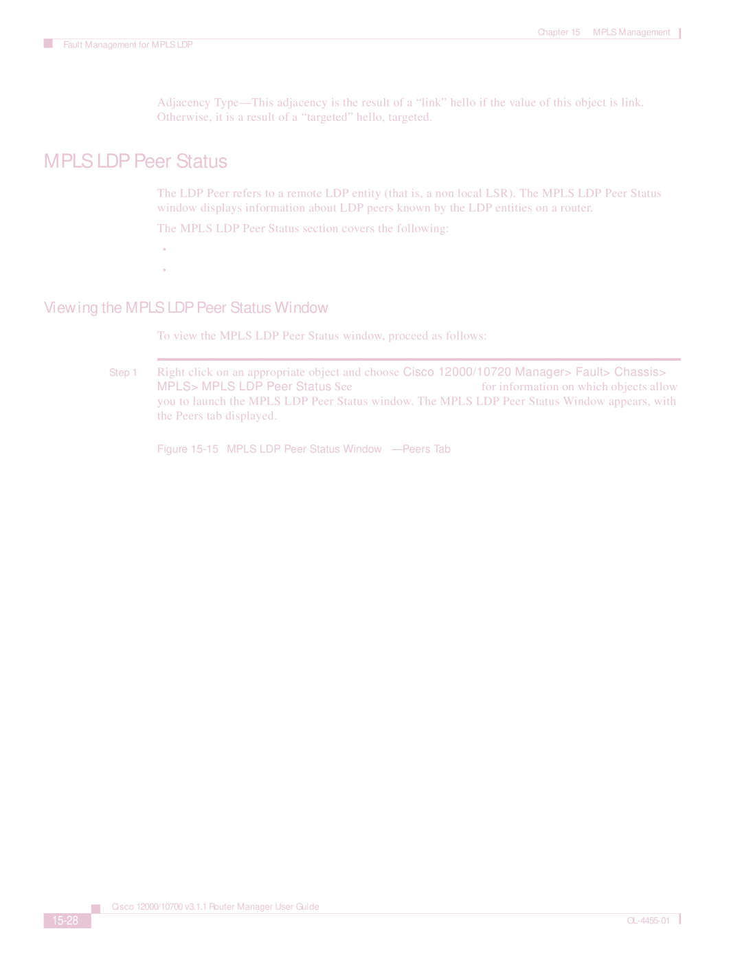 Cisco Systems 12000/10700 V3.1.1 manual Viewing the Mpls LDP Peer Status Window, 15-28 