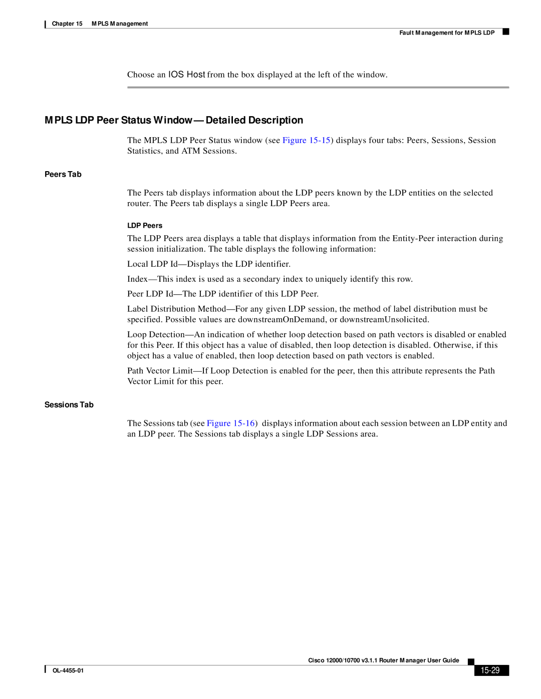 Cisco Systems 12000/10700 V3.1.1 Mpls LDP Peer Status Window-Detailed Description, Peers Tab, Sessions Tab, LDP Peers 