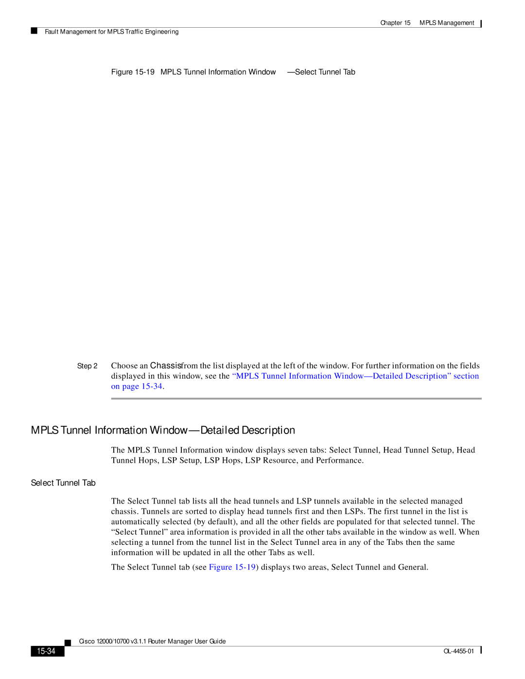 Cisco Systems 12000/10700 V3.1.1 manual Mpls Tunnel Information Window-Detailed Description, Select Tunnel Tab, 15-34 