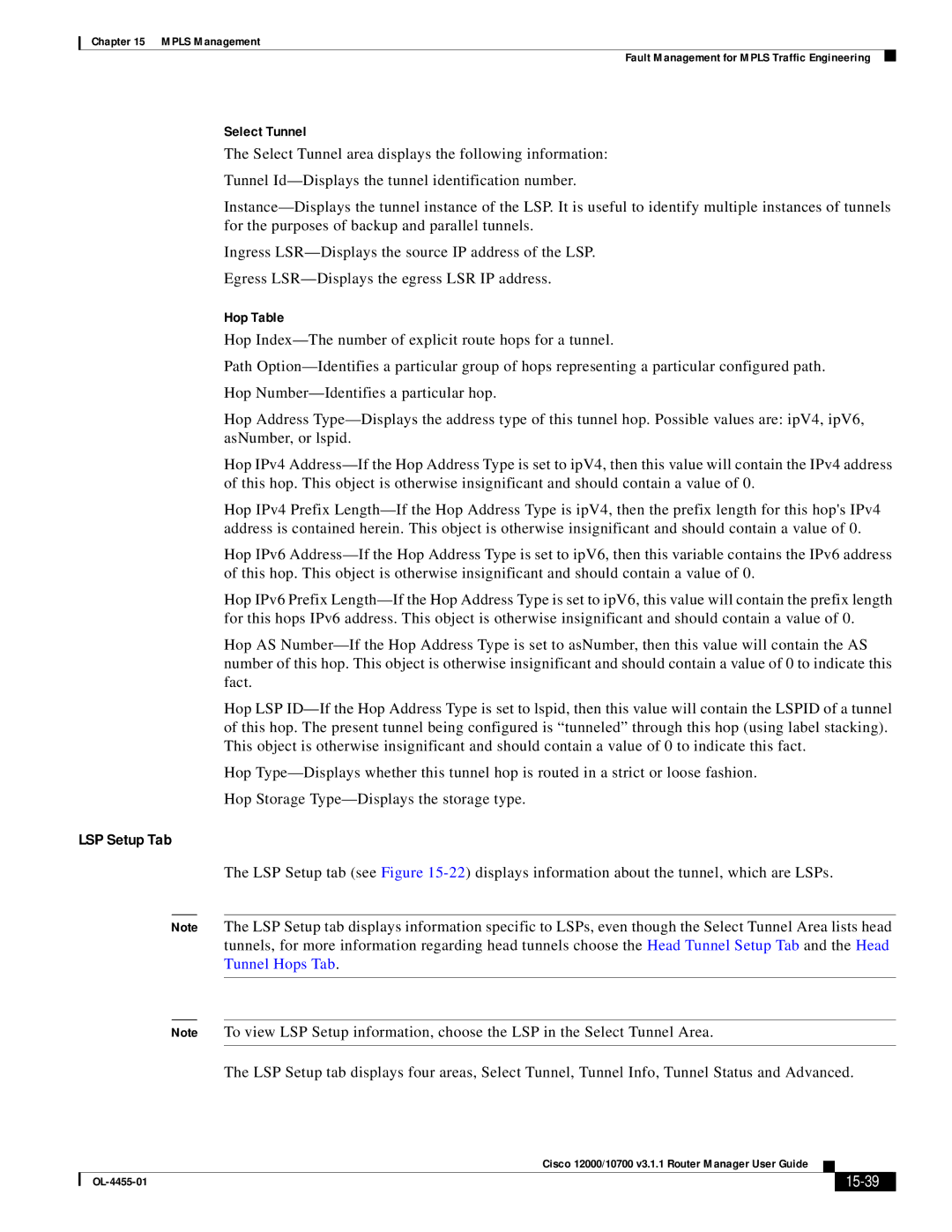 Cisco Systems 12000/10700 V3.1.1 manual LSP Setup Tab, Hop Table, 15-39 