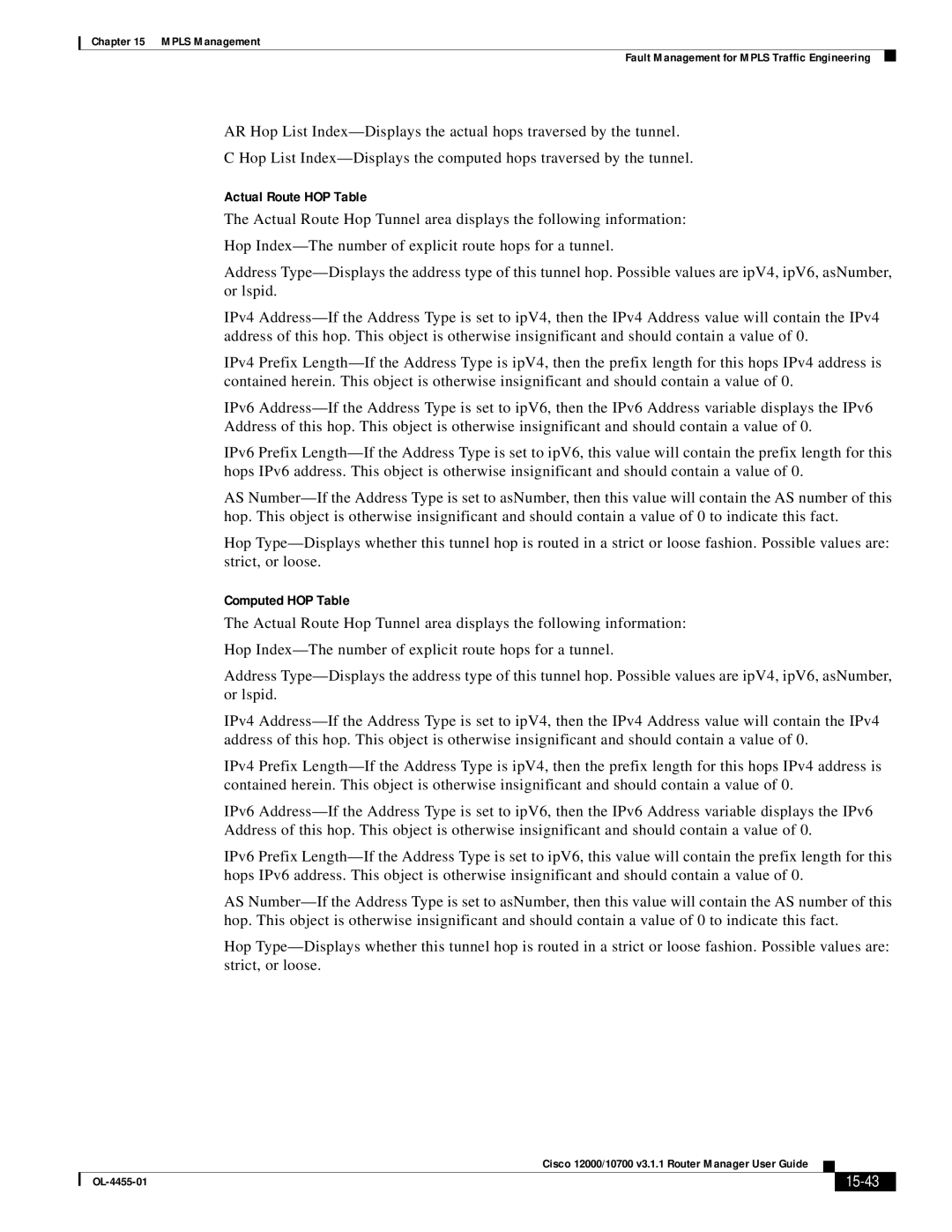 Cisco Systems 12000/10700 V3.1.1 manual Actual Route HOP Table, Computed HOP Table, 15-43 