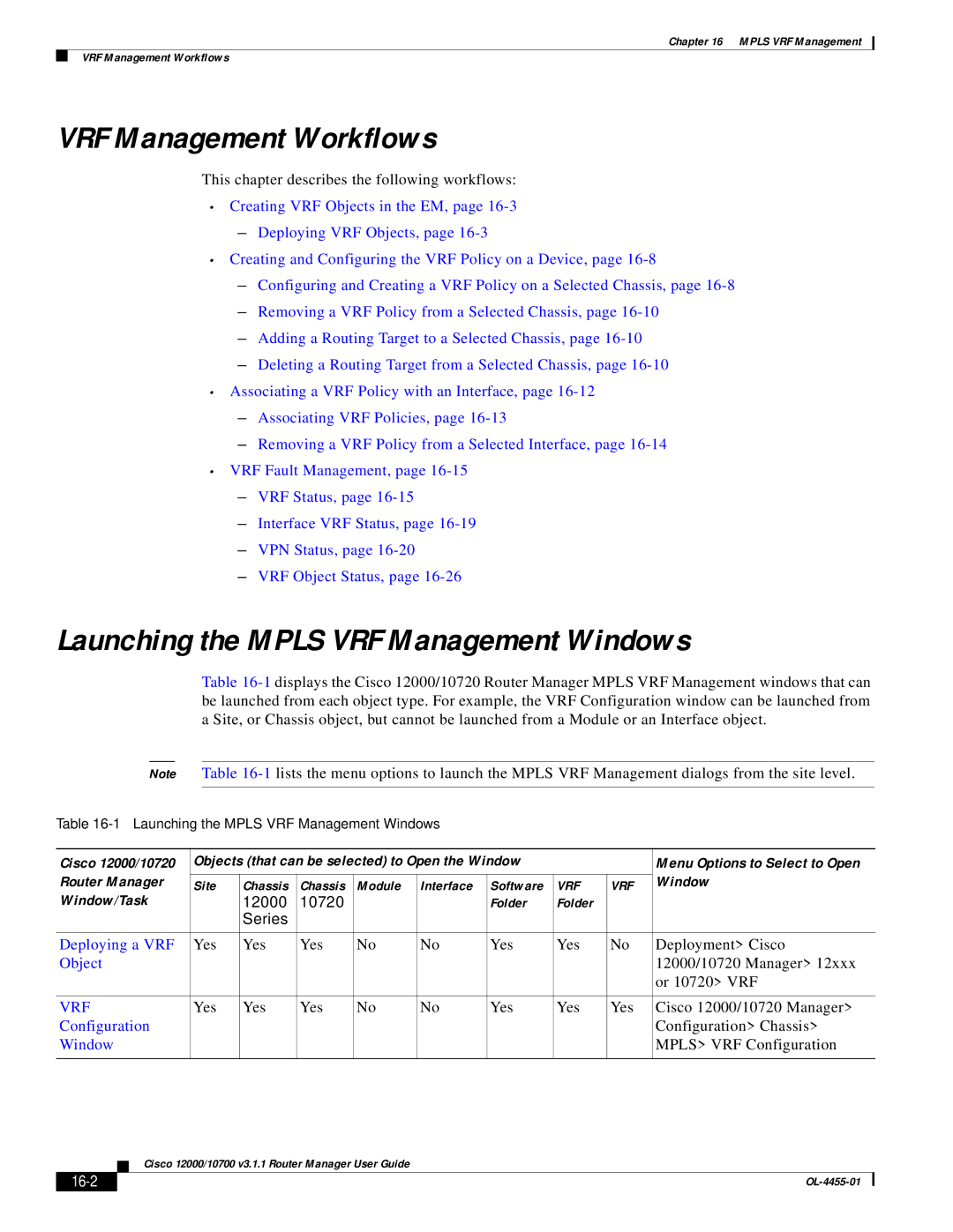 Cisco Systems 12000/10700 V3.1.1 manual VRF Management Workflows, Launching the Mpls VRF Management Windows, 16-2 