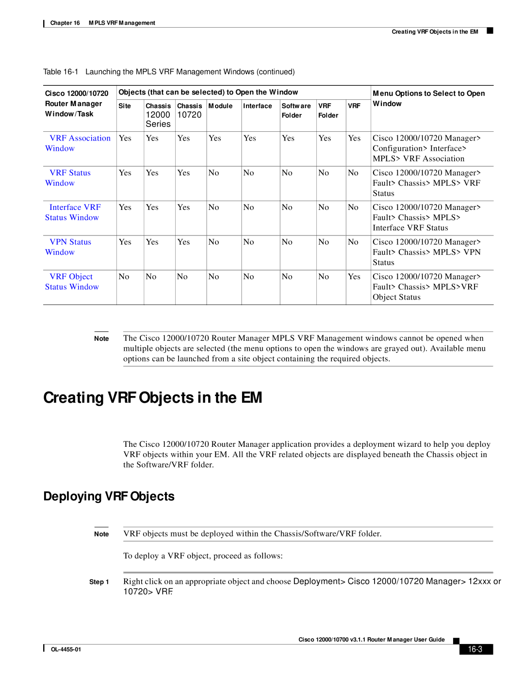 Cisco Systems 12000/10700 V3.1.1 manual Creating VRF Objects in the EM, Deploying VRF Objects, 16-3 