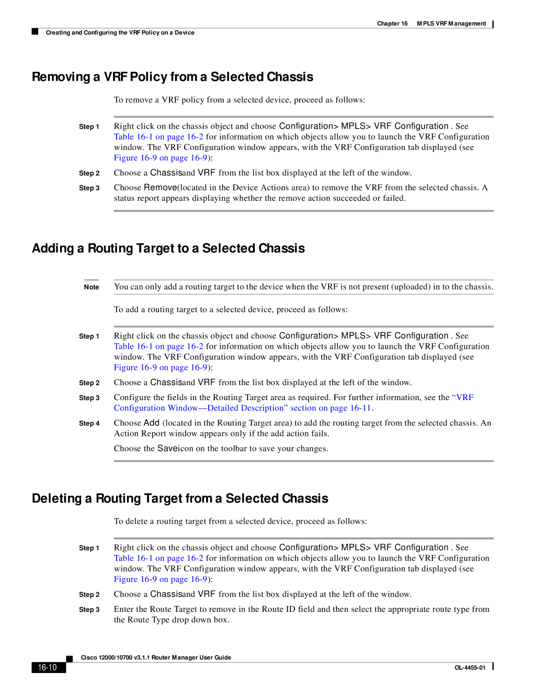 Cisco Systems 12000/10700 V3.1.1 manual Removing a VRF Policy from a Selected Chassis, 16-10 