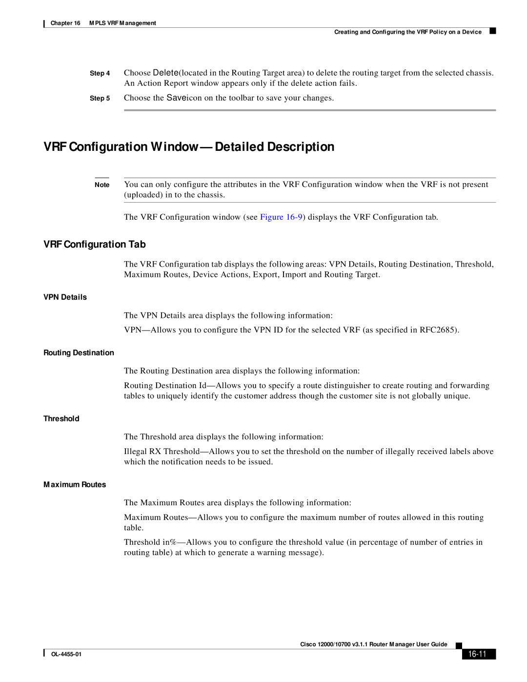 Cisco Systems 12000/10700 V3.1.1 manual VRF Configuration Window-Detailed Description, VRF Configuration Tab 