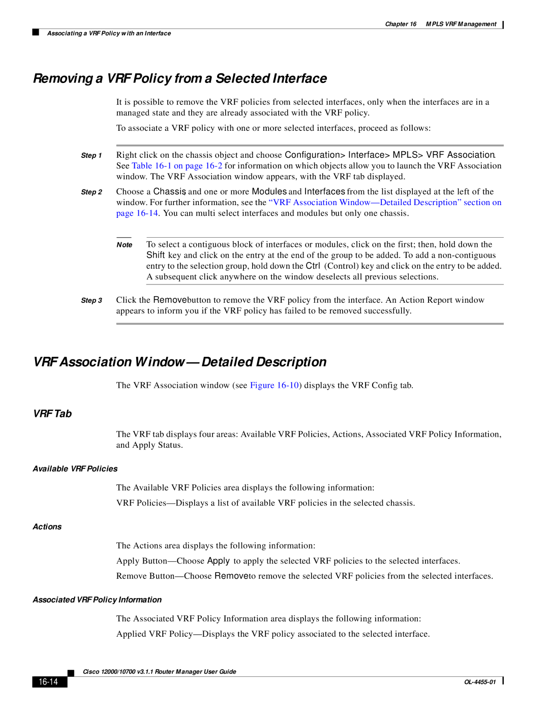 Cisco Systems 12000/10700 V3.1.1 manual Removing a VRF Policy from a Selected Interface, VRF Tab, Available VRF Policies 