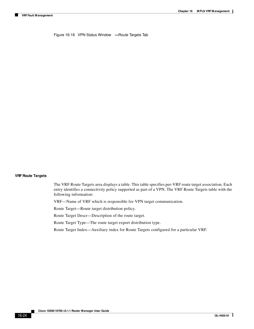 Cisco Systems 12000/10700 V3.1.1 manual VRF Route Targets, 16-24 