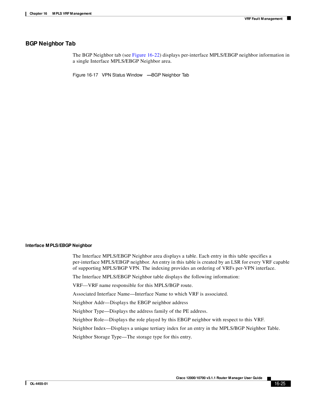Cisco Systems 12000/10700 V3.1.1 manual BGP Neighbor Tab, Interface MPLS/EBGP Neighbor, 16-25 
