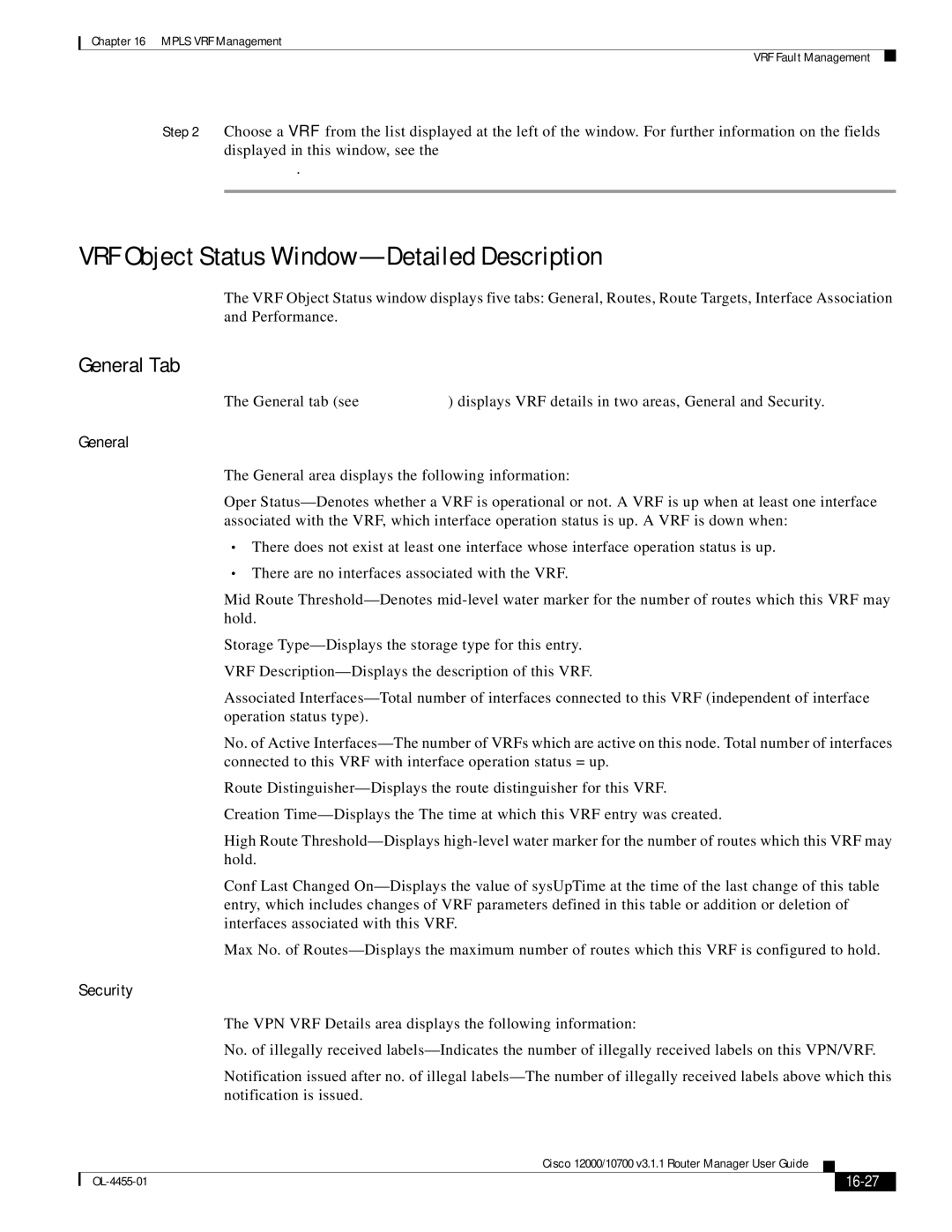 Cisco Systems 12000/10700 V3.1.1 manual VRF Object Status Window-Detailed Description, 16-27 