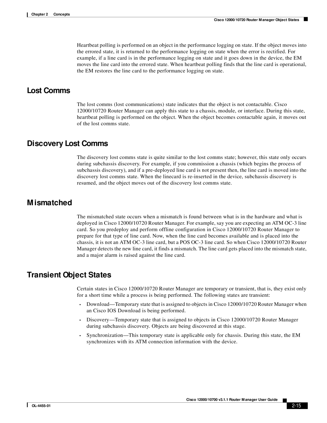 Cisco Systems 12000/10700 V3.1.1 manual Discovery Lost Comms, Mismatched, Transient Object States 