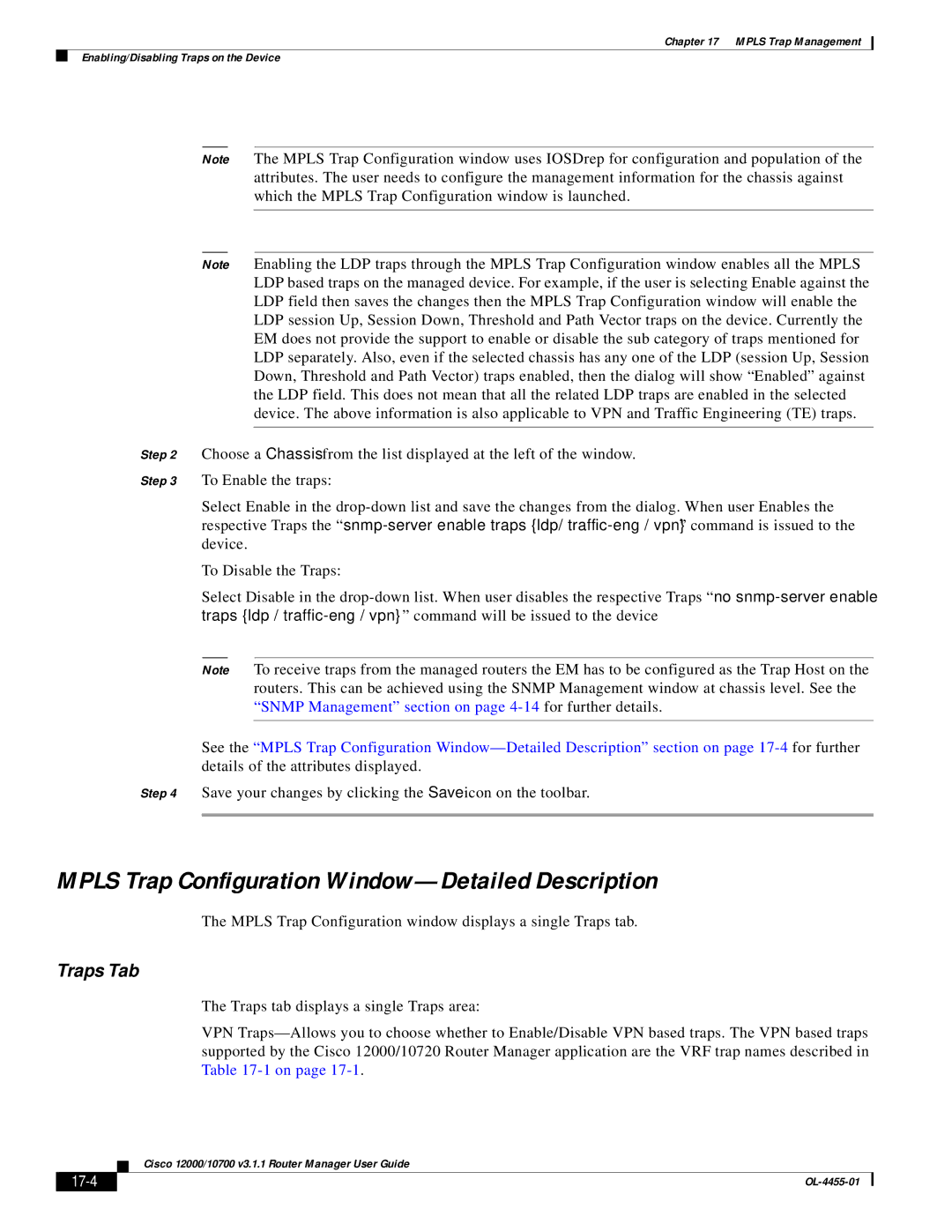 Cisco Systems 12000/10700 V3.1.1 manual Mpls Trap Configuration Window-Detailed Description, Traps Tab, 17-4 