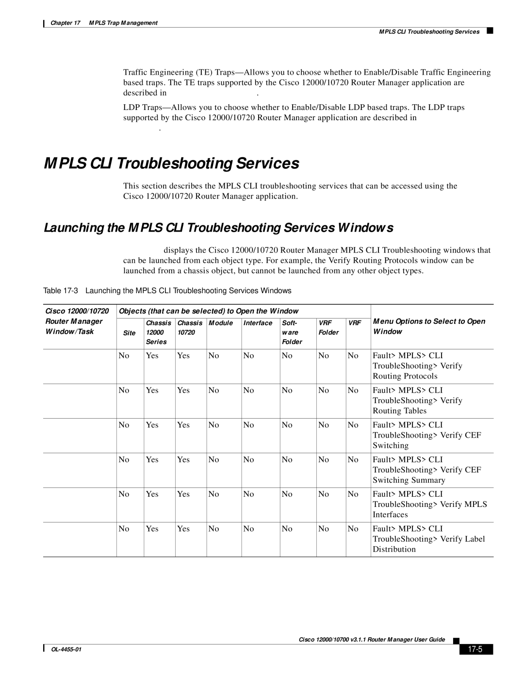 Cisco Systems 12000/10700 V3.1.1 manual Mpls CLI Troubleshooting Services, 17-5 