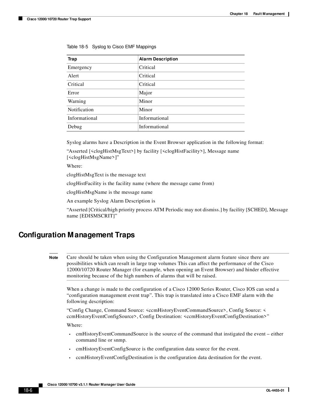 Cisco Systems 12000/10700 V3.1.1 manual Configuration Management Traps, Trap Alarm Description, 18-6 