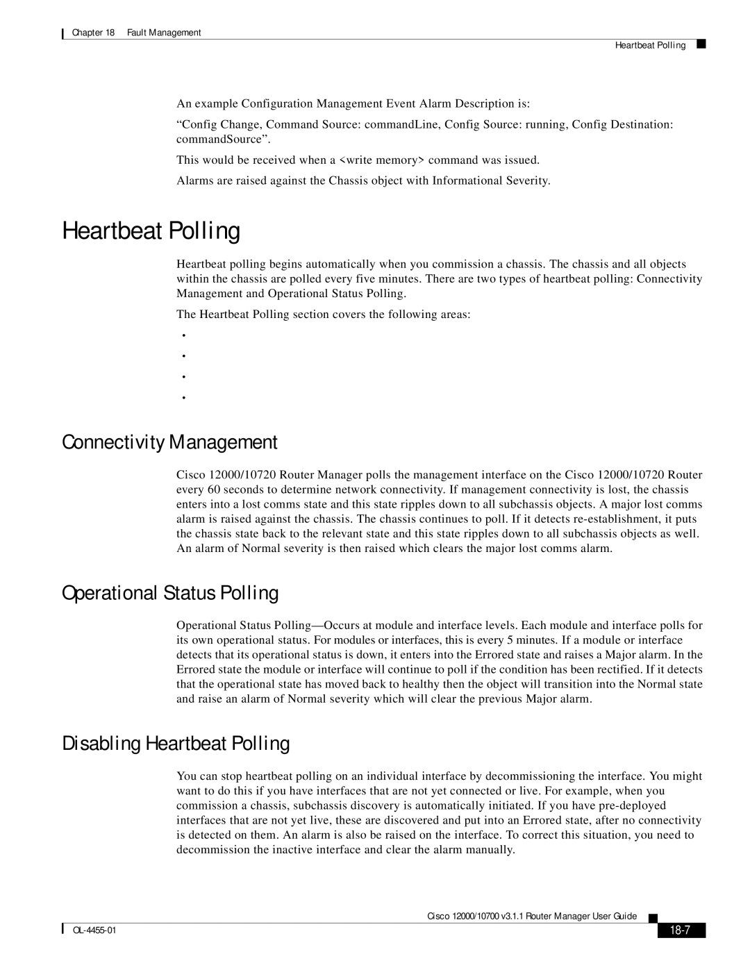 Cisco Systems 12000/10700 V3.1.1 manual Heartbeat Polling, Connectivity Management, Operational Status Polling, 18-7 