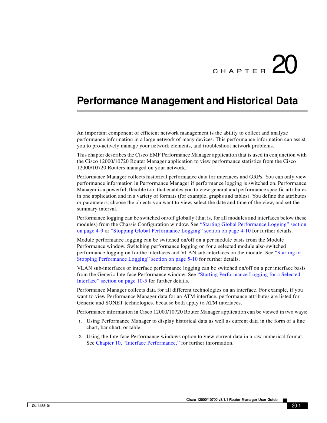 Cisco Systems 12000/10700 V3.1.1 manual Performance Management and Historical Data, 20-1 