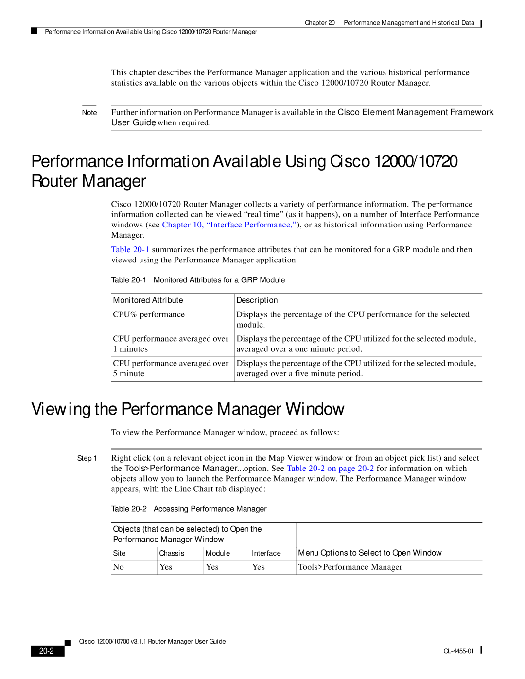 Cisco Systems 12000/10700 V3.1.1 manual Viewing the Performance Manager Window, Monitored Attribute Description, 20-2 