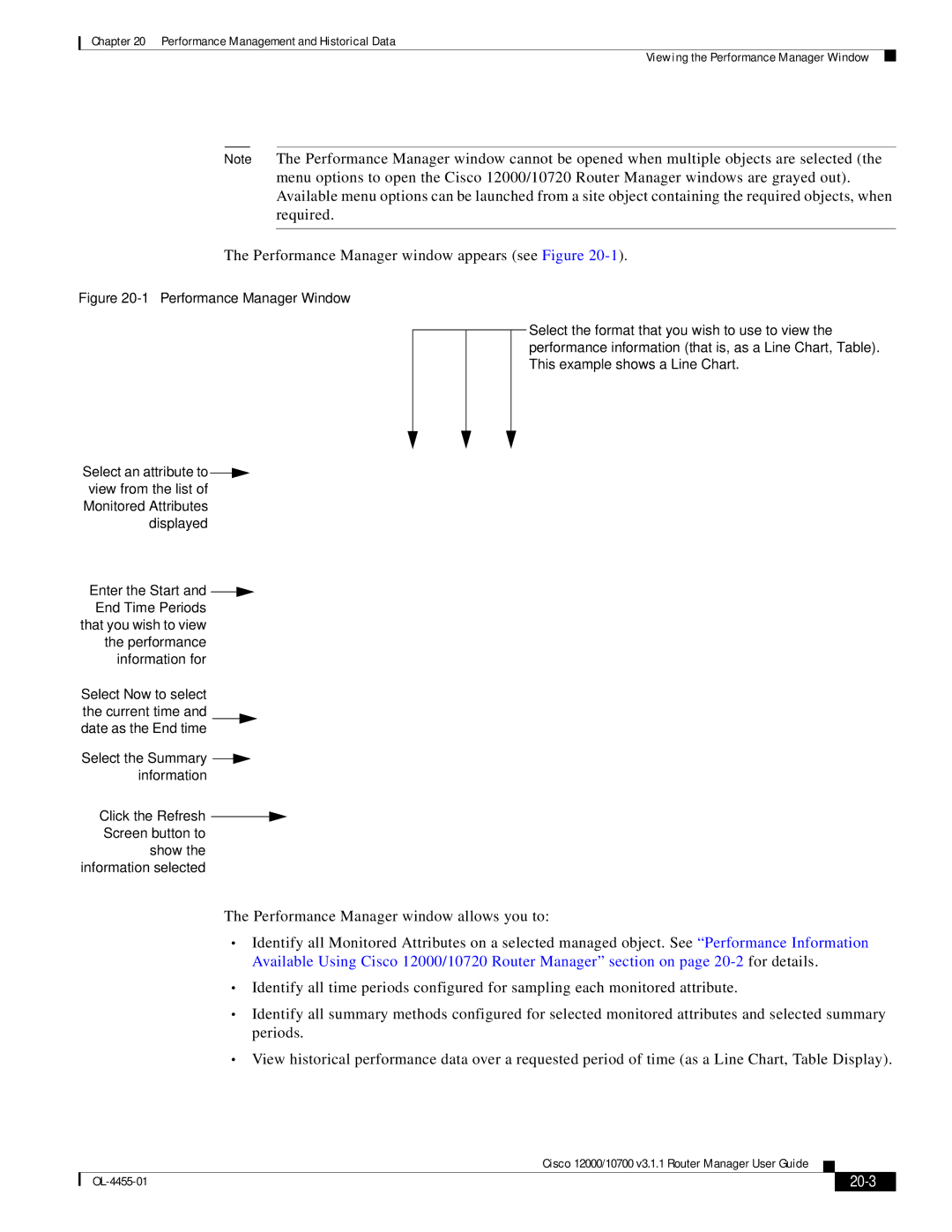 Cisco Systems 12000/10700 V3.1.1 manual Performance Manager window appears see Figure, 20-3 