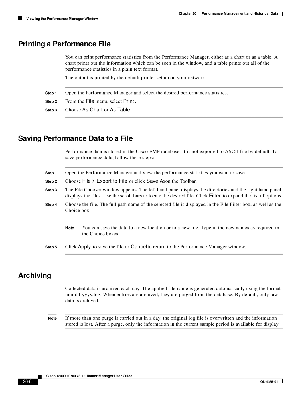 Cisco Systems 12000/10700 V3.1.1 manual Printing a Performance File, Saving Performance Data to a File, Archiving, 20-6 