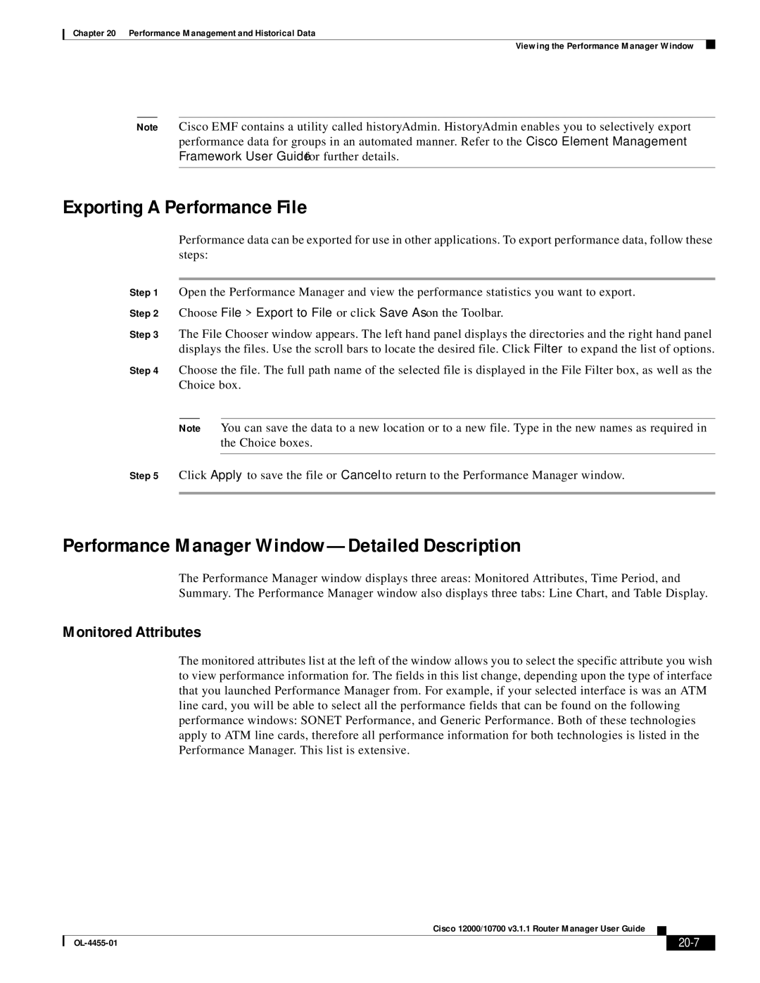 Cisco Systems 12000/10700 V3.1.1 manual Exporting a Performance File, Performance Manager Window-Detailed Description, 20-7 